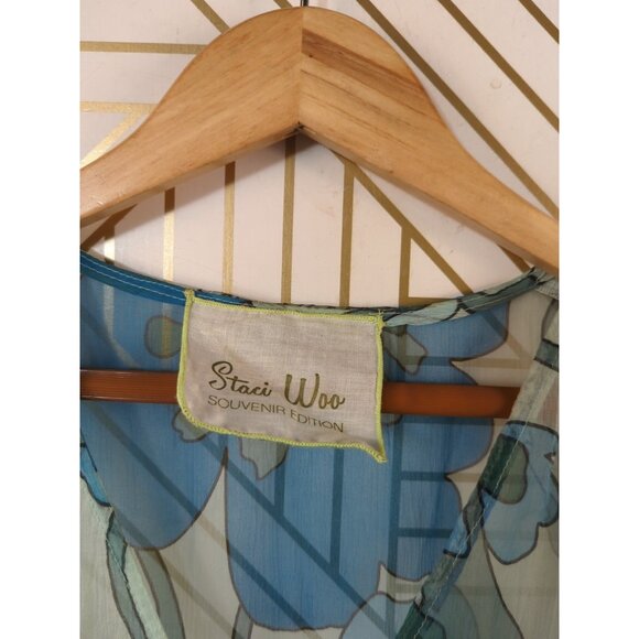 Anthropologie VACATION Edition Staci Woo Top Women's Blue Silk Frilly Tie OS - Picture 3 of 6